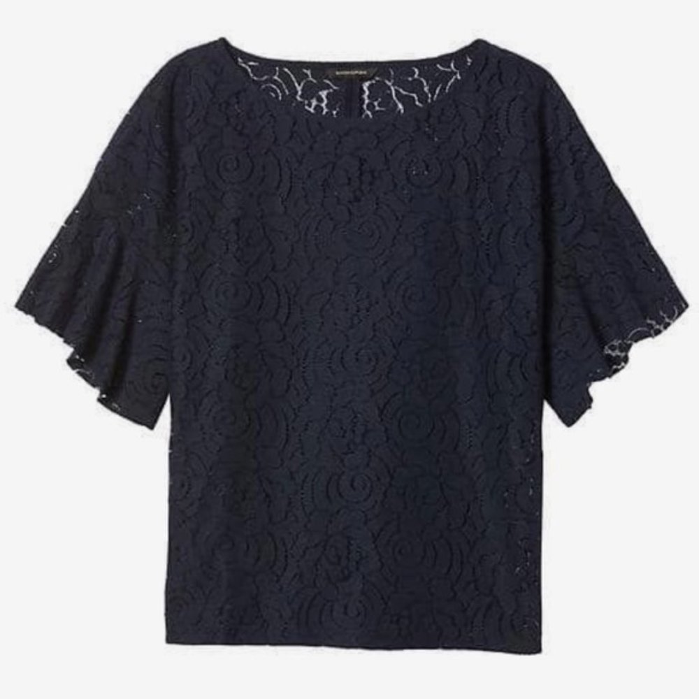 Banana Republic Flutter Short Sleeve Lace Top - Navy Blue - Medium